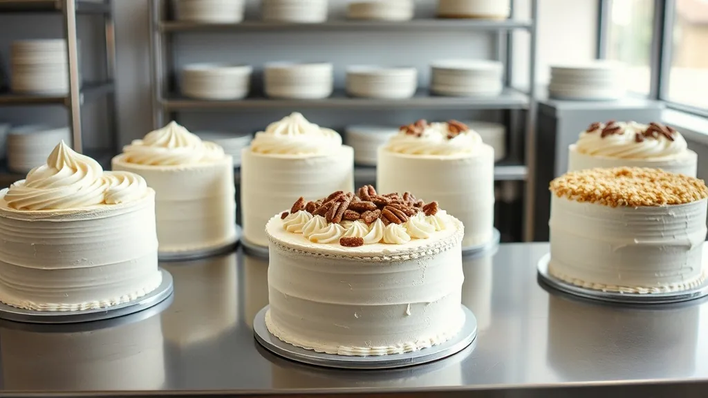 Finished buttercream layer cakes standing on a steel table, one topped with pecans, one rolled in coconut.
