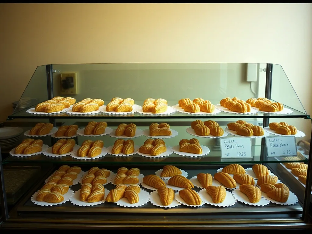 The display case straight on, two glass shelves of butterhorns, bear claws and cream horns on paper doilies.