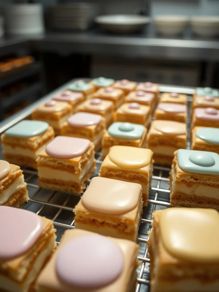Rows of square petit fours with pale poured fondant tops cooling on a wire rack.