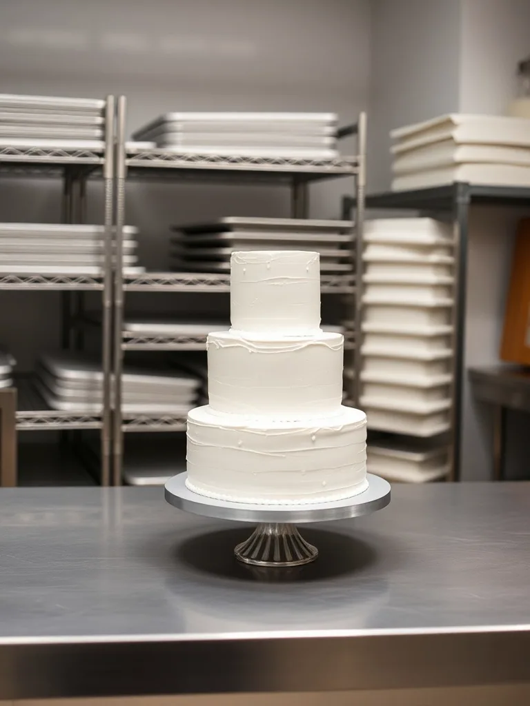 A plain three tier buttercream cake standing finished on a steel table in the kitchen, sheet pans racked behind it.